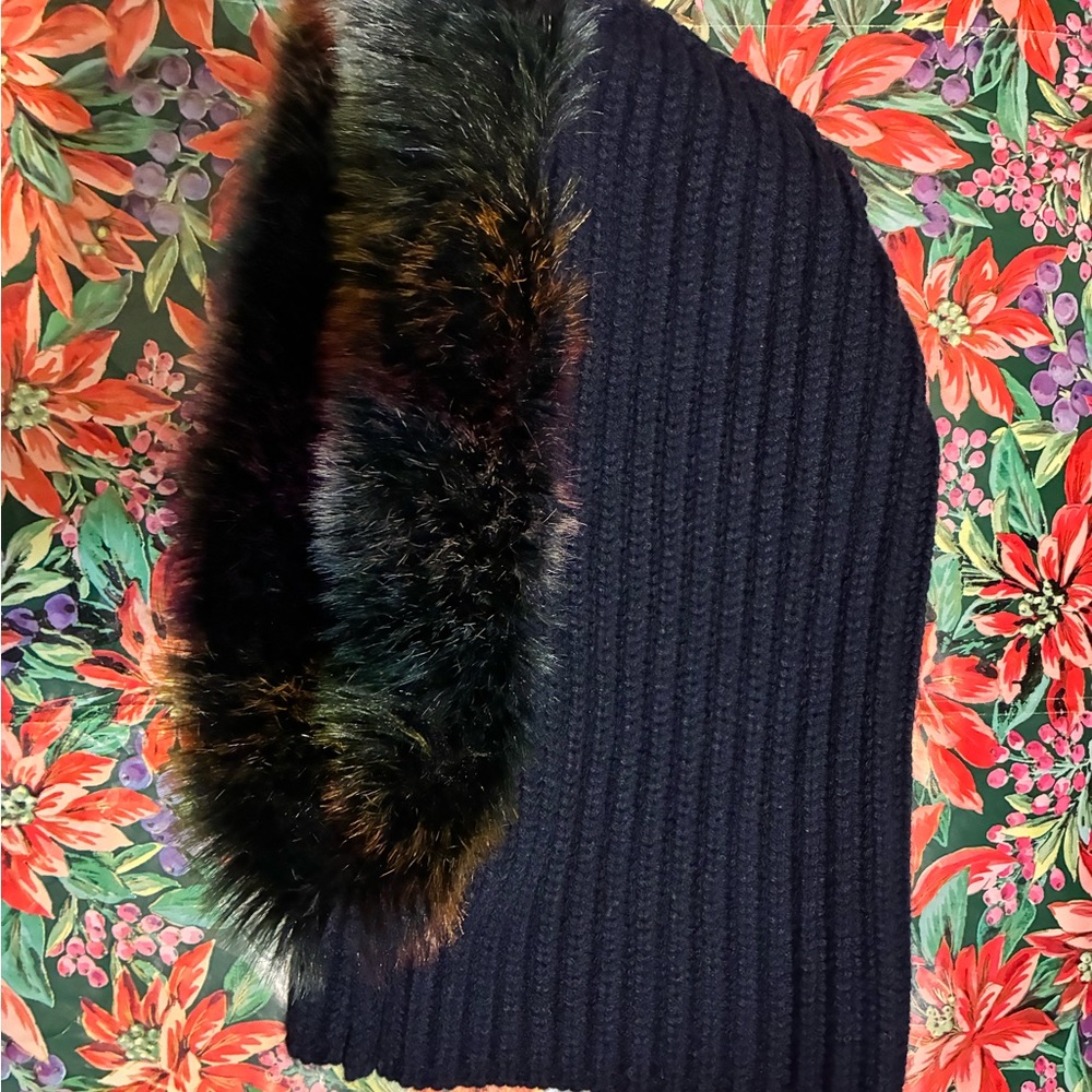 Echo Navy Knit Hat with Faux Fur Trim